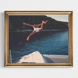 Swimming photography print-Swimmer photography print-Minimal ocean art-Ocean panorama print-Boy jumping into the water modern wall decor