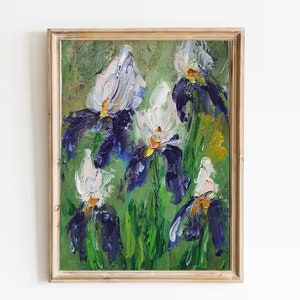 Pintura de íris 5" por 7" Floral Arte original Semi-abstrata Flores roxas Óleo Impasto Pintura Paisagem com Íris Arte de parede impressionista