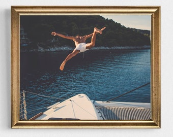 Swimming photograph print-Swimmer photography print-Minimal ocean art-Ocean panorama print-Boy jumping into the water