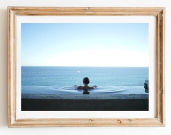 A Woman Swims in Pool and Looks at the Ocean Print-Swimming Print-Woman in Pool Print-Calming Swimming Print-Swimming Photo Print-Sea Print