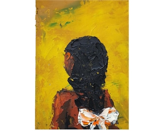 Fille africaine peinture 4"-6" femme de dos Portrait peinture à l'huile originale fille avec ruban blanc dans les cheveux oeuvre d'art Portrait empâtement