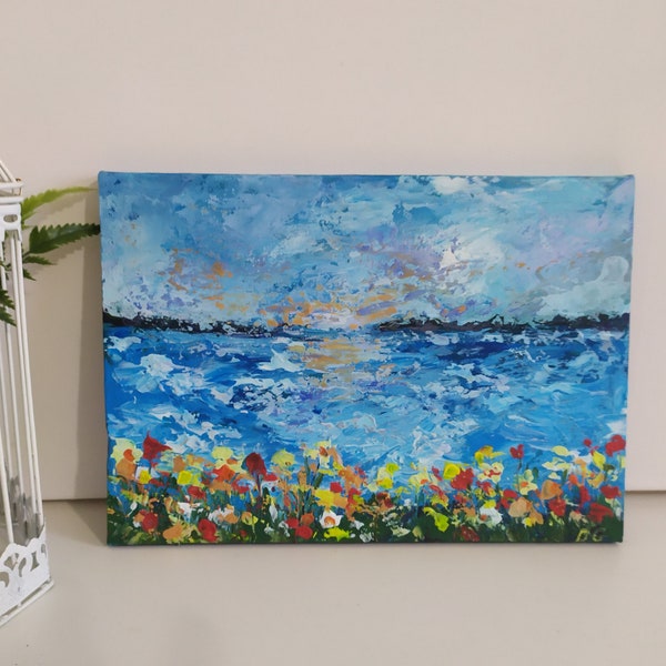 Original Canvas Abstract Sunset and Sea Coastal Painting Acrylic Seascape with Wild Flowers Painting Sea Art Ocean Abstract Art Gift wrapped