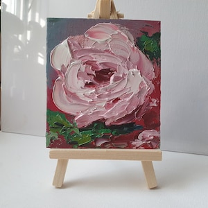 Pintura de rosas, flor rosa, pequena arte original em óleo com tripé de madeira, rosa, impasto, arte em miniatura, peônia, arte floral por Desi Guteva