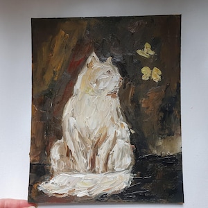Peinture chat 20 x 10 cm chat blanc et papillon art original portrait d'animal de compagnie peinture empâtement à l'huile portrait de chat art mural peinture animalière