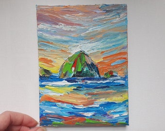 Cannon Beach Painting 5"-7" Haystack Rock Original Art Oregon Coast Wall Art Pacific Northwest Coastline Small Oil Painting Seascape Artwork