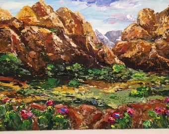 Zion National Park Oil Painting: Utah Mountain Landscape Canvas Art 12"x 17"