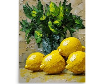 Lemon Painting Lemons and Vase with Herbs Still Life Print Lemons Impasto Painting Citrus Fruit Still Life Art Fruit Giclee Fine Art Print