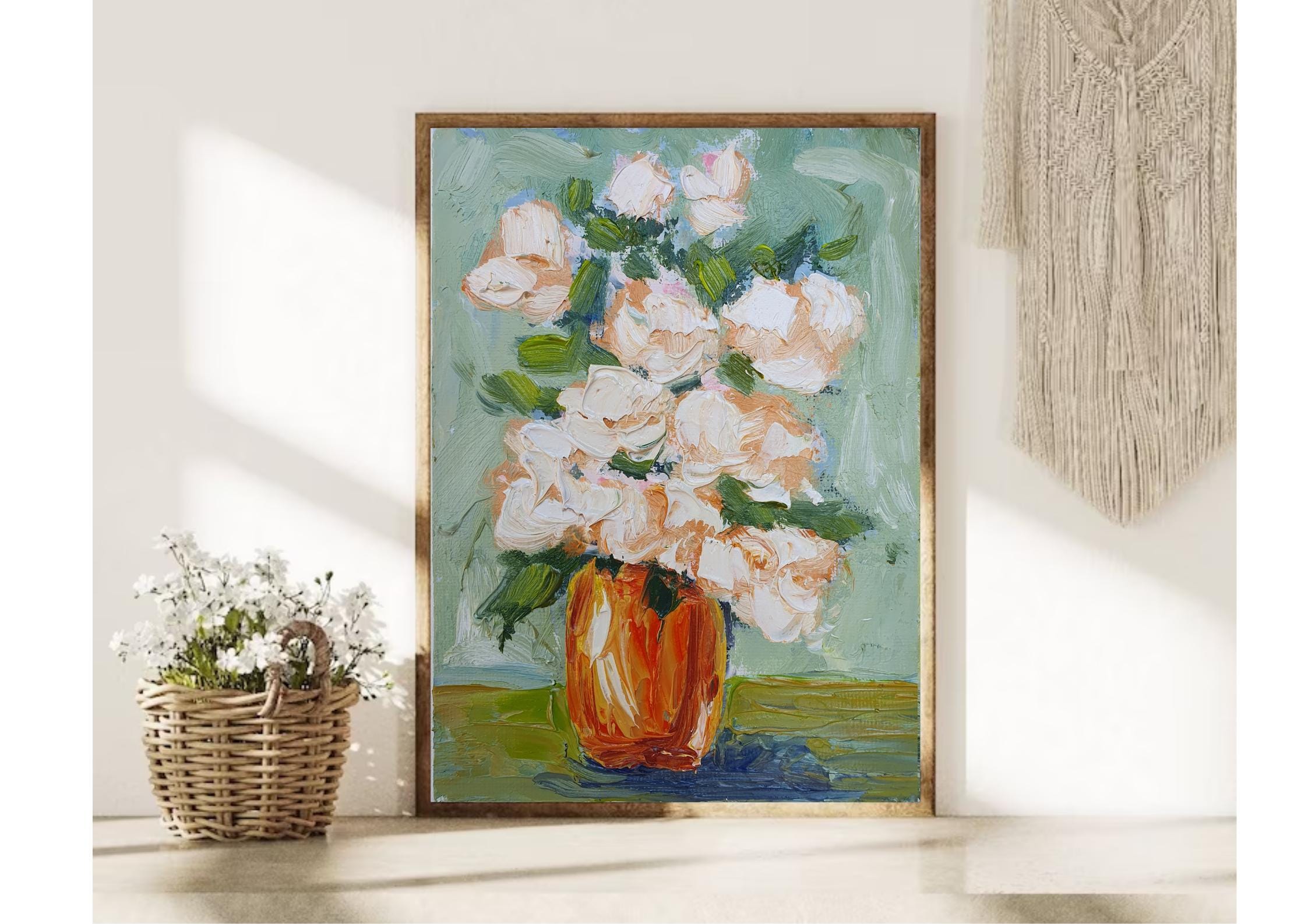 ヴィンテージ油彩画 花瓶の白い薔薇 Santanaサイン入り 製造直販サイト