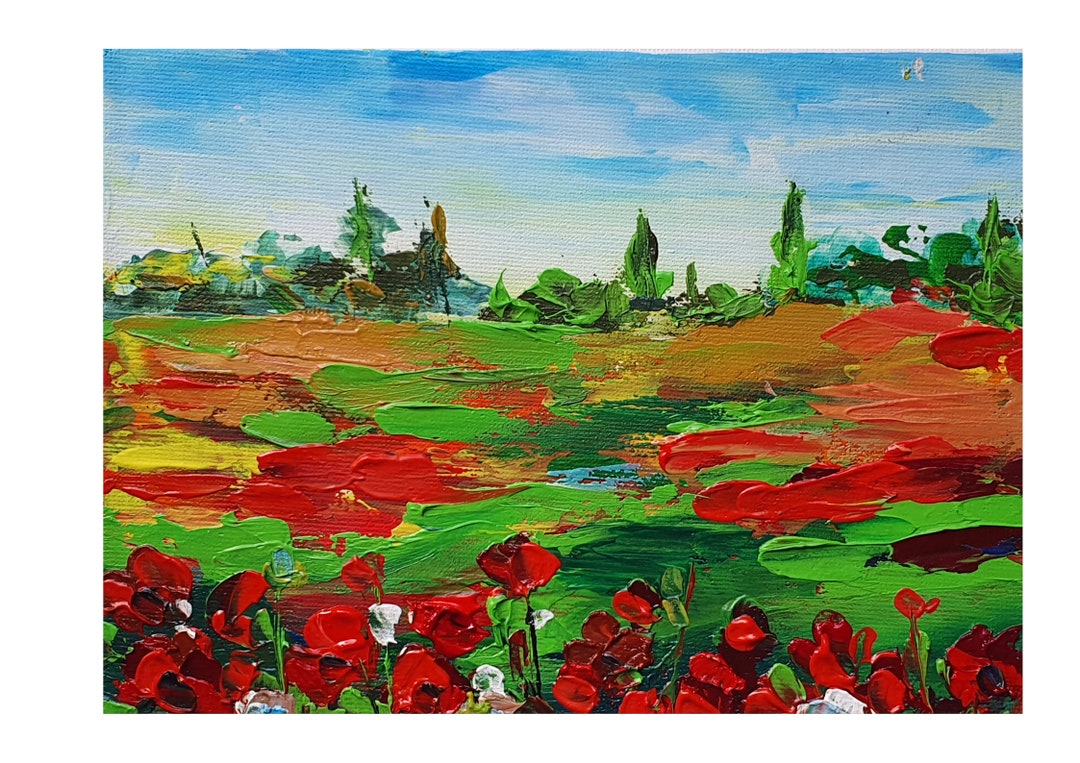 Tuscany Poppy Field Oil Painting: Italian Landscape Impasto Art (5x7 ...