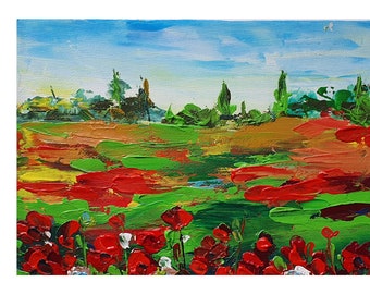 Pintura al óleo de un campo de amapolas en la Toscana: paisaje italiano en impasto (12,7 x 18,8 cm)