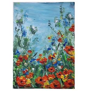 Wildflower Meadow Oil Painting: Original Red Poppies Art (5x7)