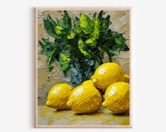 Peinture de citrons, vase avec des herbes, impression de natures mortes, peinture d'empâtements de citrons, nature morte d'agrumes, impression giclée de fruits