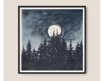 Night in Pine Forest Painting 6"-6" Full Moon Over Mountain Forest Original Watercolor Art Pacific Northwest Landscape Pine Trees Wall Art