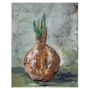 Onion Painting 5&quot;-7&quot; Original Oil Artwork Onion Still Life Small Art Vegetable Wall Art Kitchen Still Life Impasto Oil Painting Onion Art