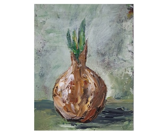 春の玉ねぎの油絵：オリジナルのインパストキッチン静物画（5x7