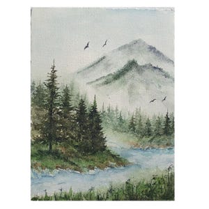 Dipinto Montagne Rocciose Nebbia Montagna Fiume Foresta Originale Acquerello Arte Colorado Paesaggio sempreverde Alberi di pino nebbiosi Arte di Desi Guteva