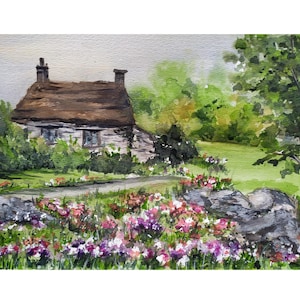 Irish Cottage Painting 8"-12" Original Watercolor Art Cottage Flowers Garden Wall Art Irish Farmhouse Painting Ireland Country Landscape Art