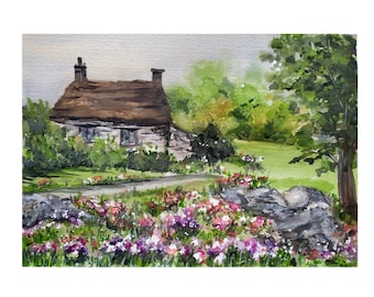 Irish Cottage Painting: Original Watercolor Cottage Flowers Garden Art 8x12 by Desi Guteva