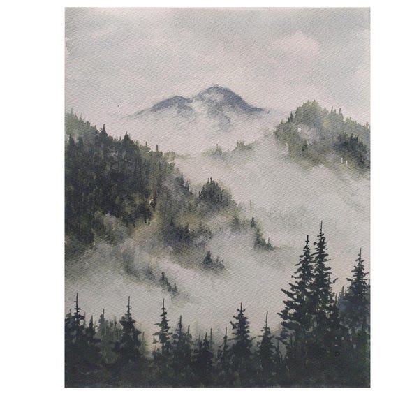 霧深い山の松林の絵画 デジ・グテバによるオリジナル水彩風景画 - Etsy