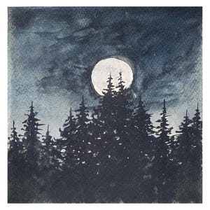Notte nella foresta di pini Dipinto 6"-6" Luna piena sulla foresta di montagna Arte originale ad acquerello Paesaggio del Pacifico nord-occidentale Alberi di pino Arte murale