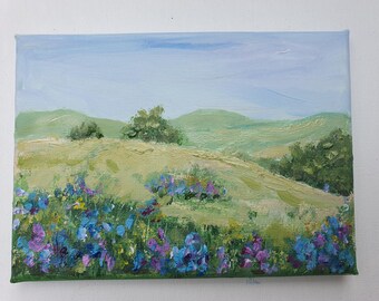 テキサス・ブルーボネットの草原の油絵：5x7インチの野生の花の風景画