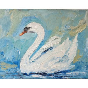 Pintura de cisne 8"-12" Pintura original em óleo impasto Cisne branco Arte de parede Arte de pássaro Cisne nadando Arte de parede Azul Cor suave