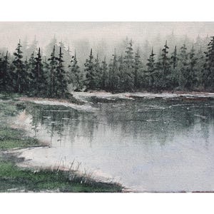 Dipinto originale ad acquerello del lago Ontario, foresta di nebbia, opera d'arte sul lago, foresta di pini di montagna fumosa, alberi sempreverdi nebbiosi, paesaggio di D.Guteva