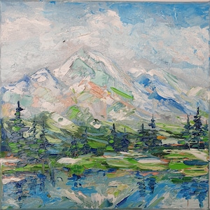 Original Rocky Mountains Oil Painting: Impasto Mountain Lake Art (8x8)