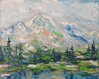 Original Rocky Mountains Oil Painting: Impasto Mountain Lake Art (8x8)