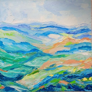 Great Smoky Mountains Painting 12&quot;-12&quot; Original Oil Impasto Painting Appalachian Mountains Wall Art Soft Color Panoramic Mountain Landscape