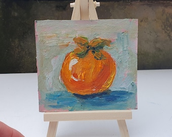 柿の油絵、小さな果物の静物画、（10 x 10 cm） - Etsy 日本