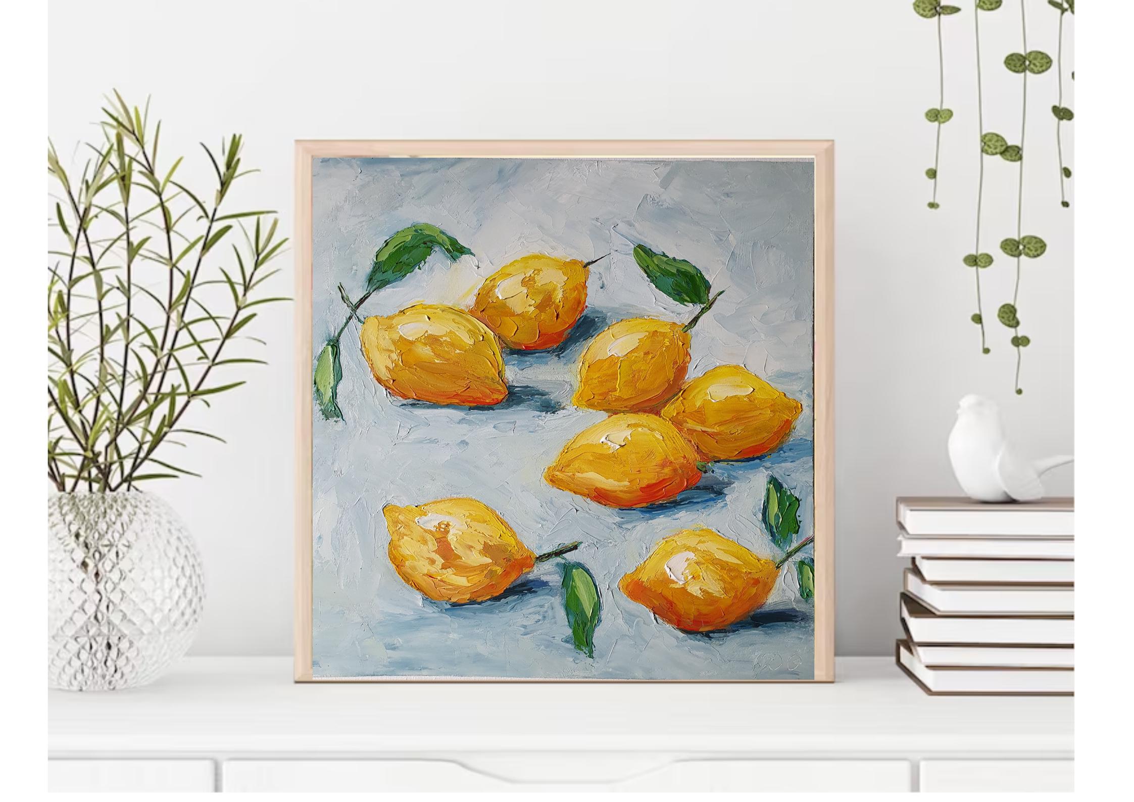 レモンの絵画：オリジナル油彩インパスト静物画、12x12 - Etsy 日本