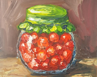 Cherry Painting: Original Oil Impasto Still Life, Kitchen Art by