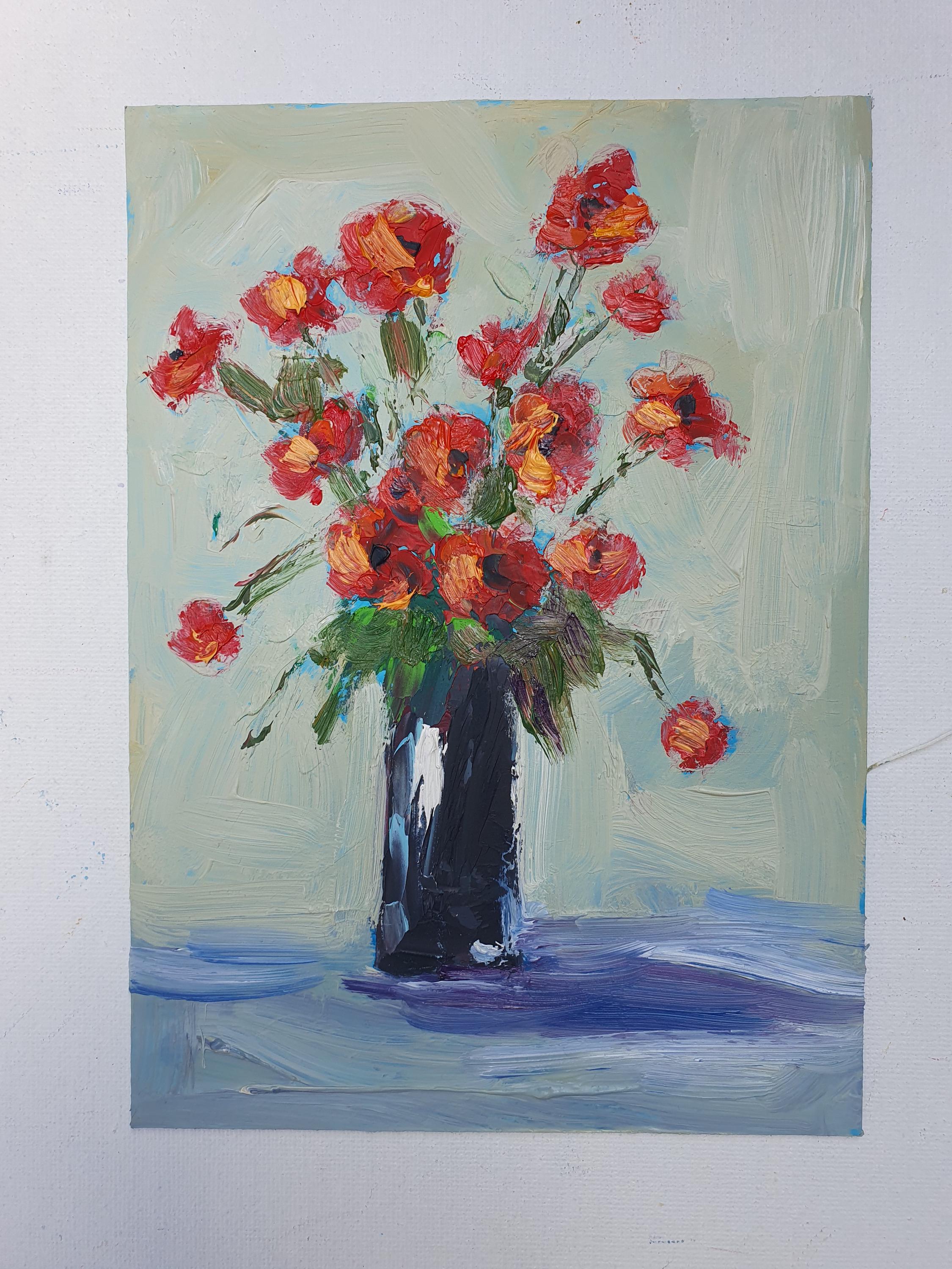 赤いポピーの絵画：デシ・グテヴァによるオリジナルの花の油彩