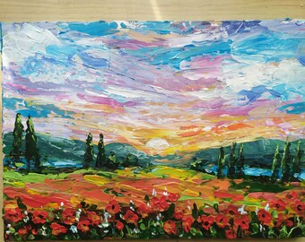 Tuscany Poppies Field Original Painting Italian Landscape Impasto Painting Poppies Field Art Tuscany Flowers Meadow Country Landscape Art