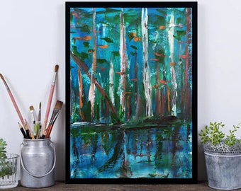 Pintura abstracta del bosque del lago, abedules, arte del lienzo, pintura abstracta del lago del bosque, pintura interior moderna, pintura abstracta del lago del bosque