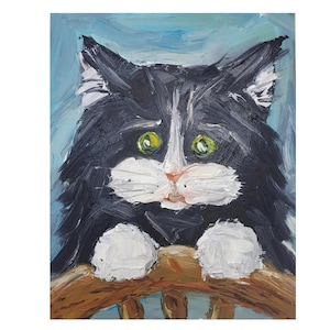 Pintura de gato preto e branco, arte original em óleo, retrato de animal de estimação, arte de parede, pintura a óleo empastada, gatinho preto e branco, obra de arte de Desi Guteva