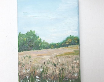 Original Wheat Field Oil Painting: Small Country Landscape Canvas Art