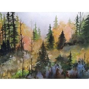 Dipinto di paesaggio autunnale 6"-8" Acquerello originale Paesaggio di foresta di montagna del Pacifico nord-occidentale Alberi di pino nebbiosi Arte murale Arte murale autunnale