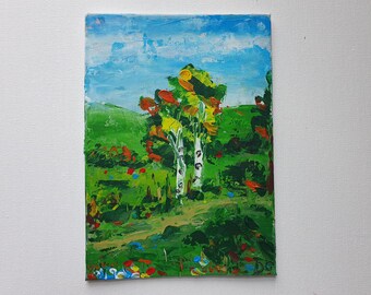 Abedul árbol pintura original 5"-7" otoño Aspen paisaje pared arte abedul pintura abstracta otoño arte original miniatura arte