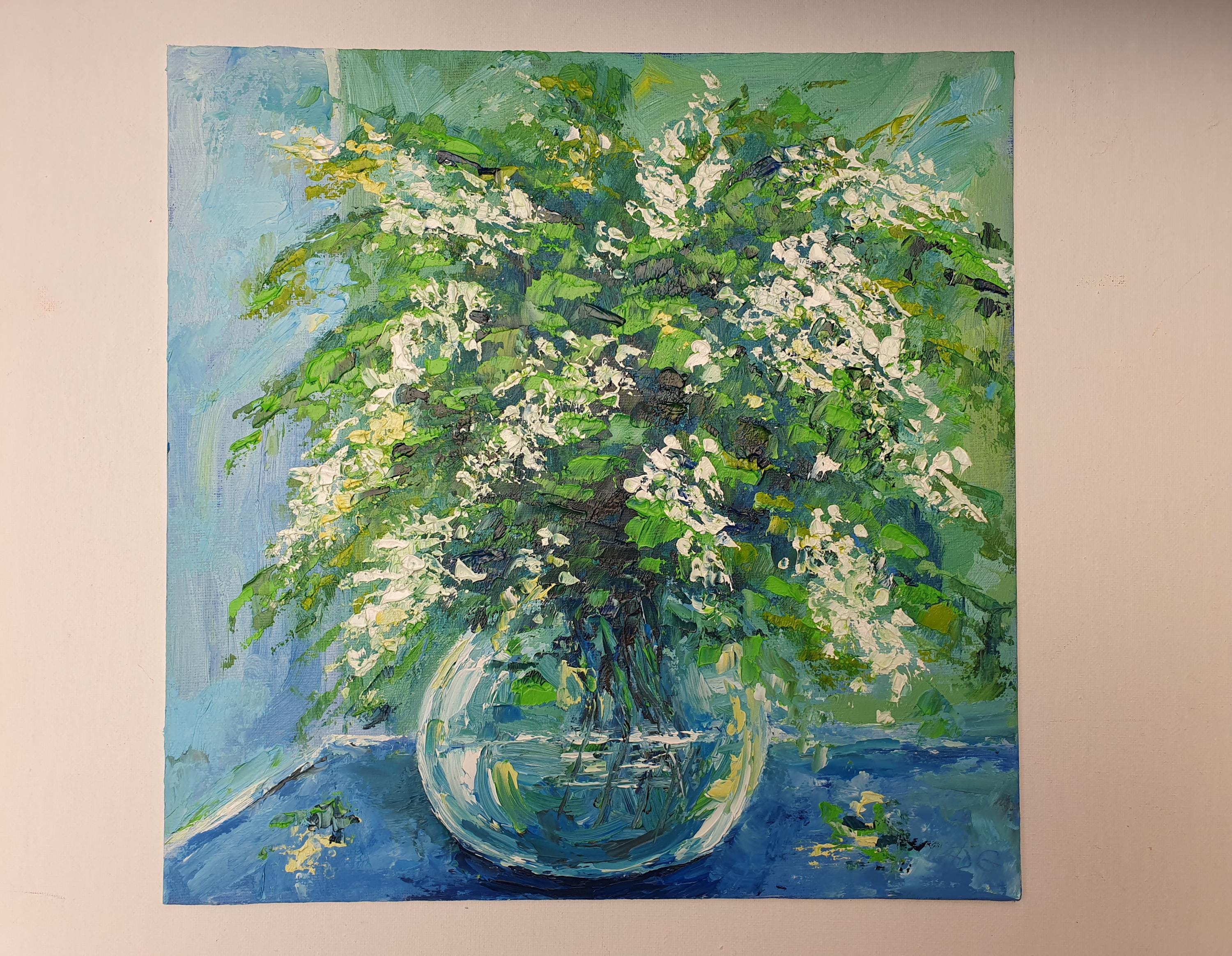 アカシアの花束の絵画：オリジナルのインパスト花油絵静物画（12インチ