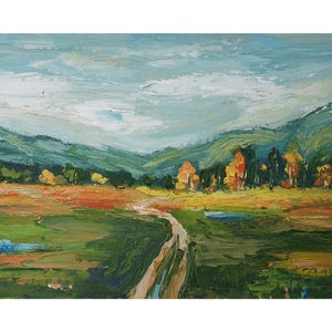 Pintura de paisagem do Colorado Aspen Mountain Meadow Original Óleo Impasto Arte Country Road Através de flores silvestres amarelas Prado Impressionismo Arte
