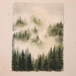Dipinto di foresta di nebbia 6"x8" Smoky Mountain Pacific Northwest Pine Forest Arte originale ad acquerello Paesaggio sempreverde Alberi di pino nebbiosi Arte