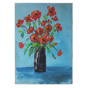 Pintura de papoulas Papoula vermelha Pintura a óleo original Flores Natureza morta Arte de papoula Pintura floral Pequena pintura Decoração de parede de cozinha