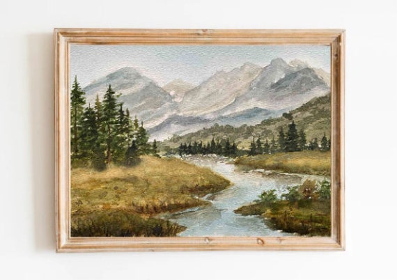 オリジナル水彩画「ロッキー山脈の絵画：川の風景画」（8x12インチ