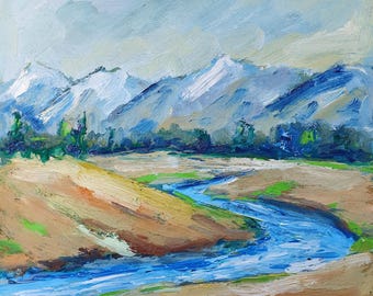 Rocky Mountains Oil Painting: Impasto River Landscape Art (12x12) by Desi Guteva
