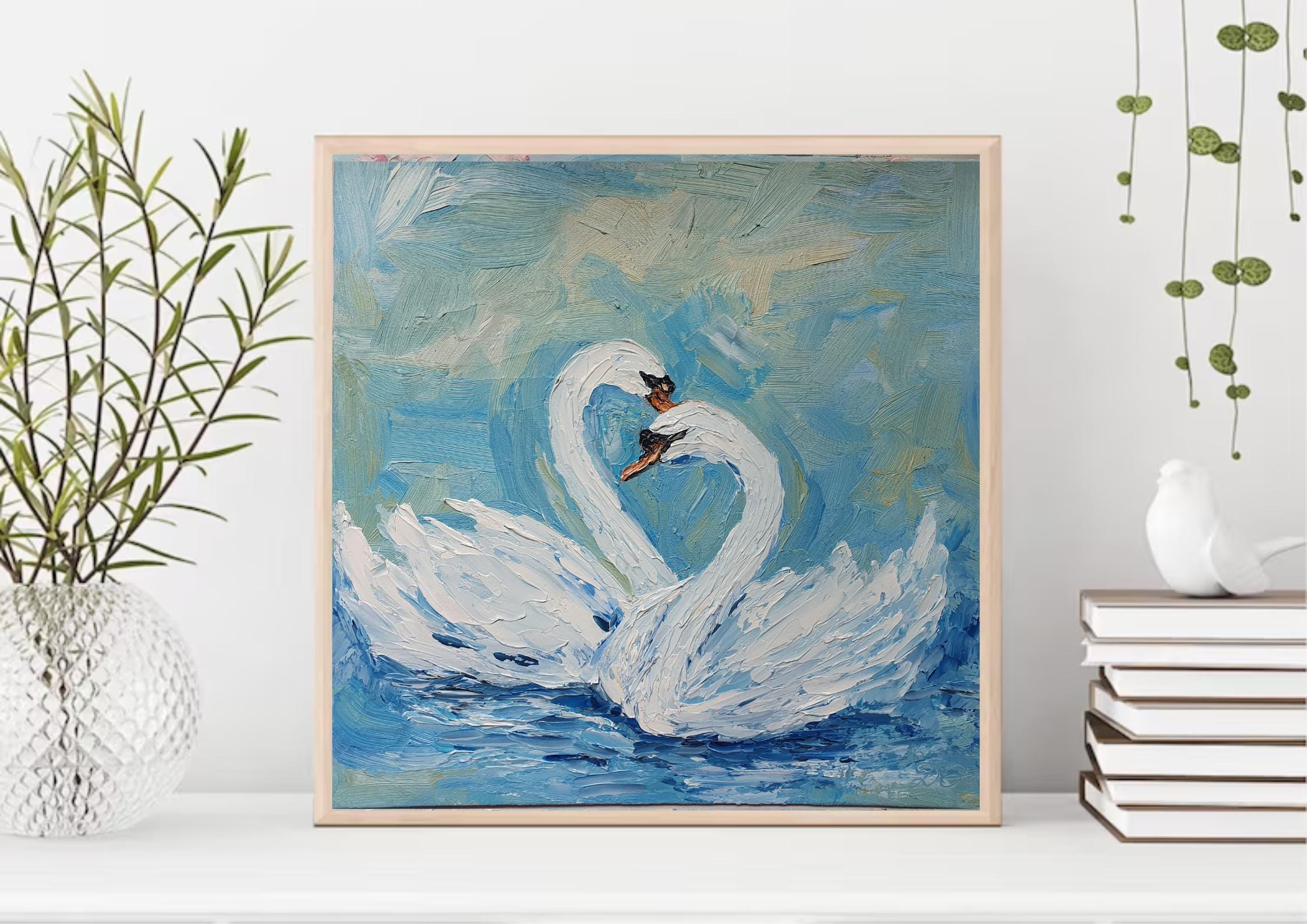 Swan Painting: Original Impasto Oil Painting, Two Swans Art by