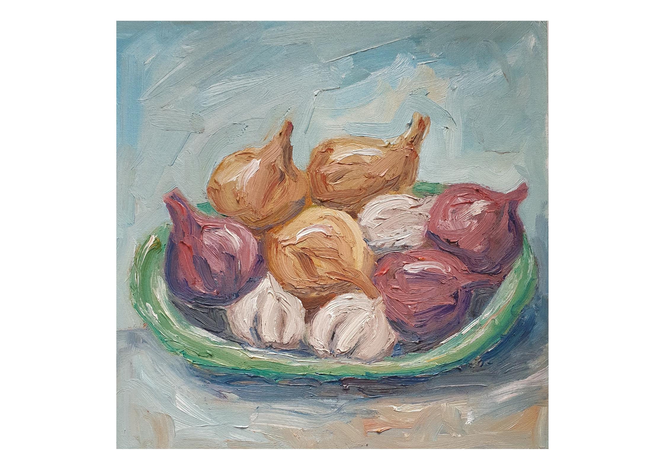 玉ねぎとニンニクの絵画：オリジナルのインパスト静物画、12x12 - Etsy