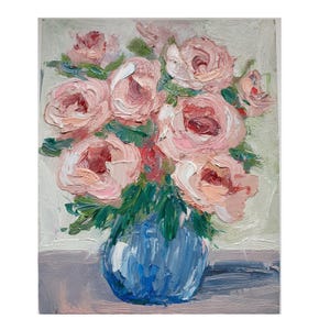 Pintura de peonía de 8" x 10" Pintura al óleo original Peonías Bodegón Arte de pared Peonía rosa en jarrón azul Arte Impasto Pintura al óleo Flores Bodegón