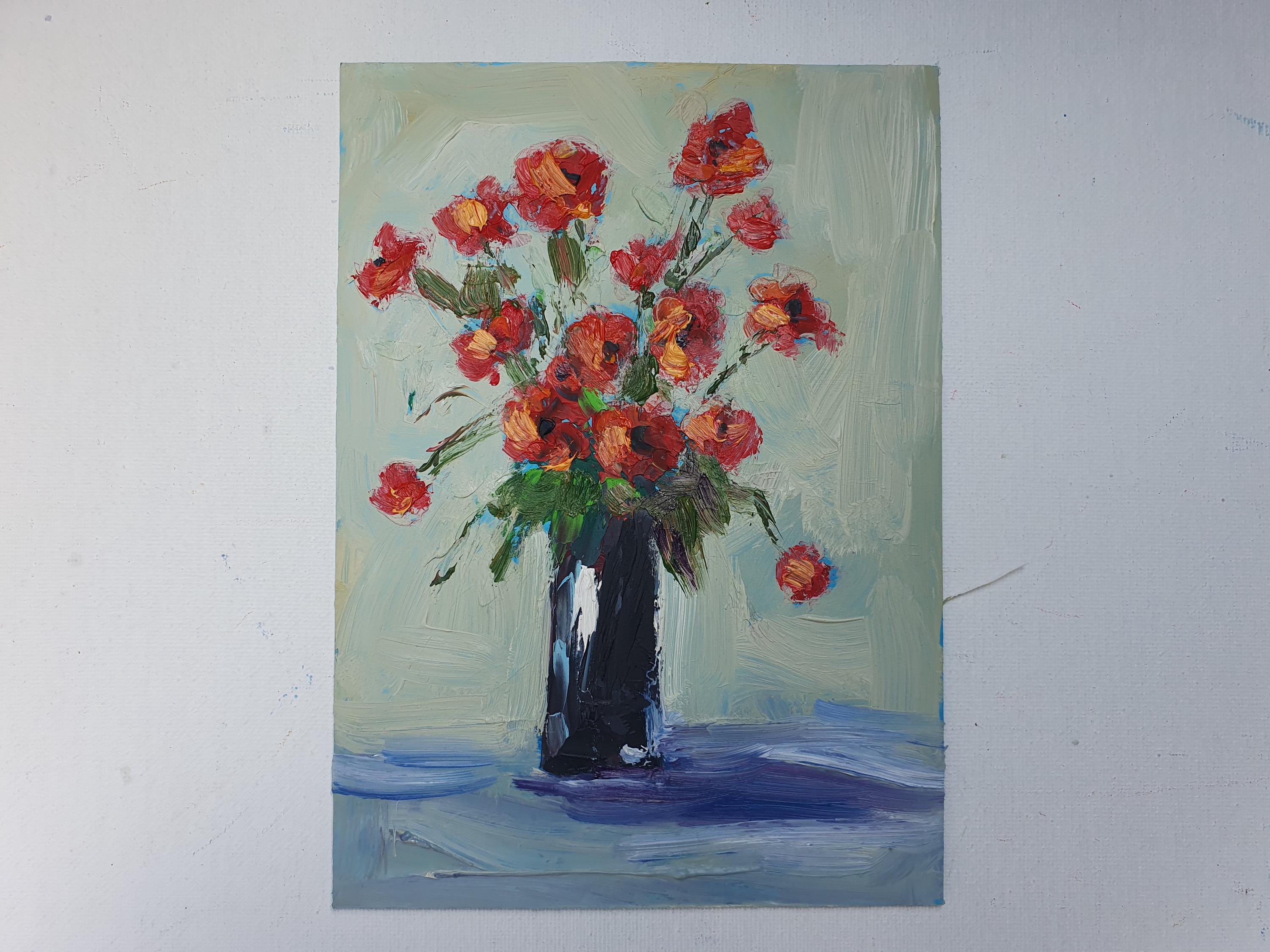 赤いポピーの絵画：デシ・グテヴァによるオリジナルの花の油彩